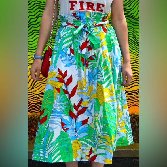 Zara Green Tropical Print Paper Bag A-Line Midi - Picture 1 of 6